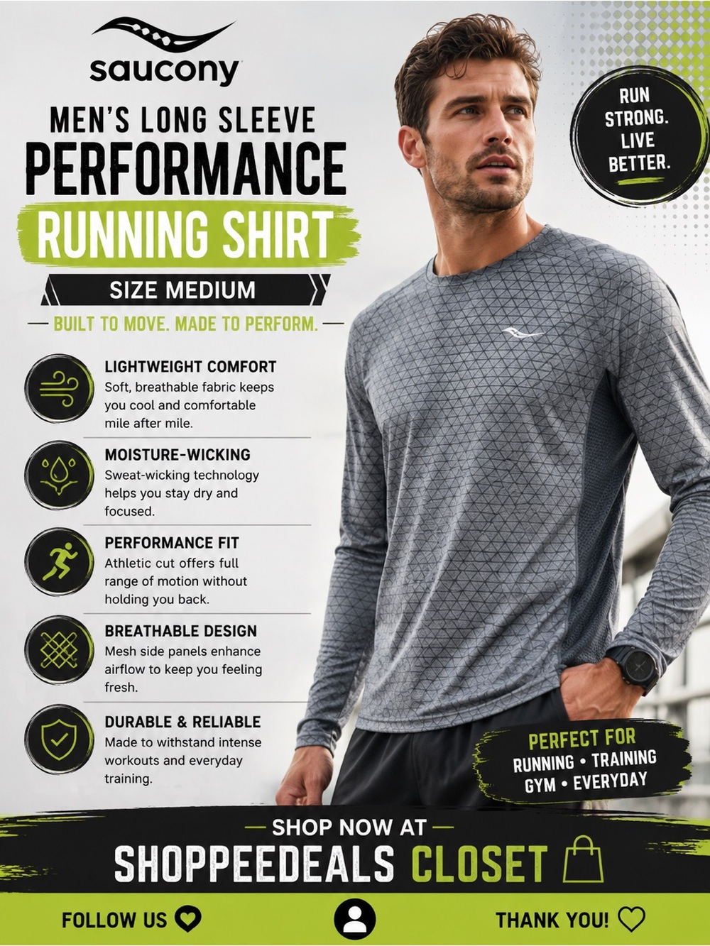 Saucony Men’s Long Sleeve Performance Running Shirt - Size Medium